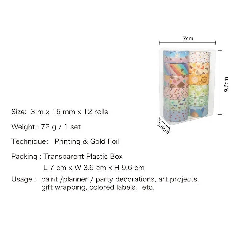

12pcs Candy World Washi Tapes Set Love Star Flower 15mm Gold Foil Adhesive Masking Tape Decoration Stickers Gift Art Album A6609