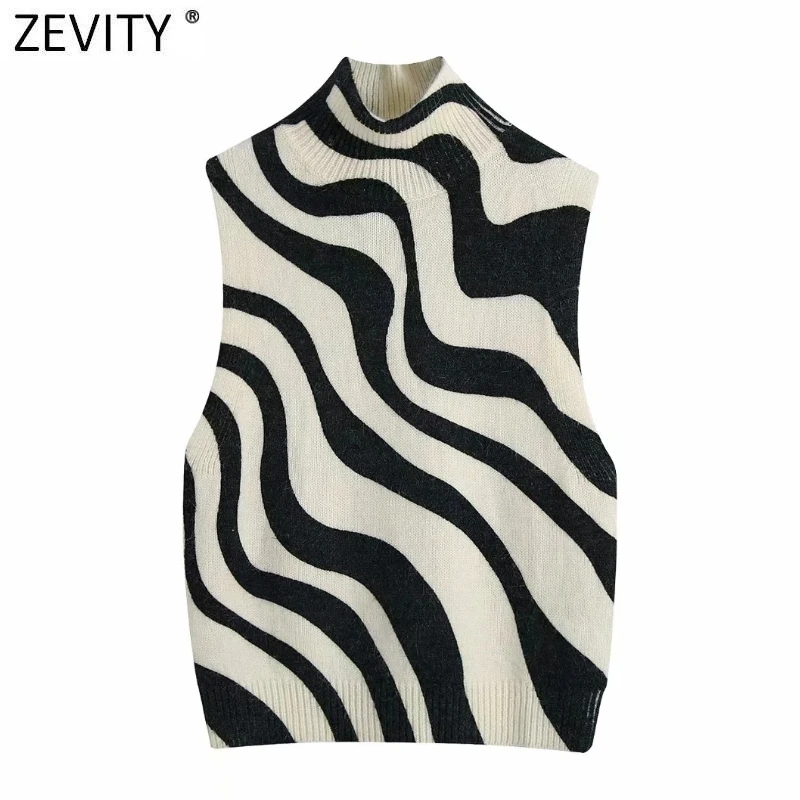 

Zevity женский винтажный короткий жилет в полоску без рукавов вязаный свитер женские шикарные пуловеры с высоким воротником Короткие топы SW1054