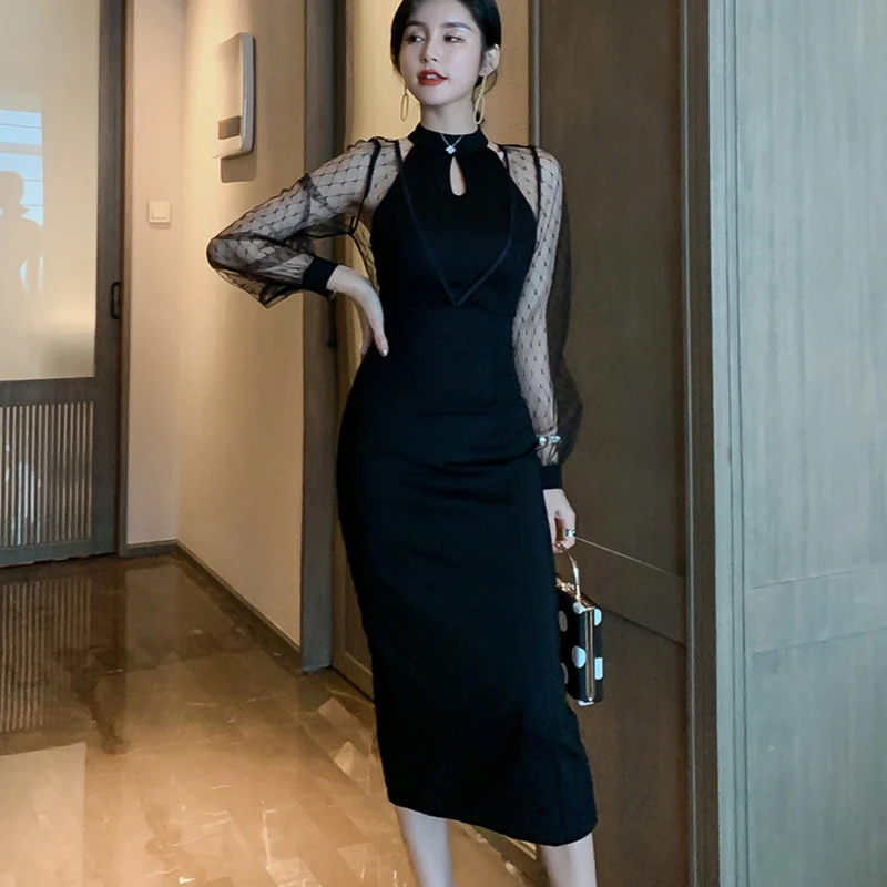 2020 для женщин в винтажном стиле Сезон осень платье до середины икры с длинным