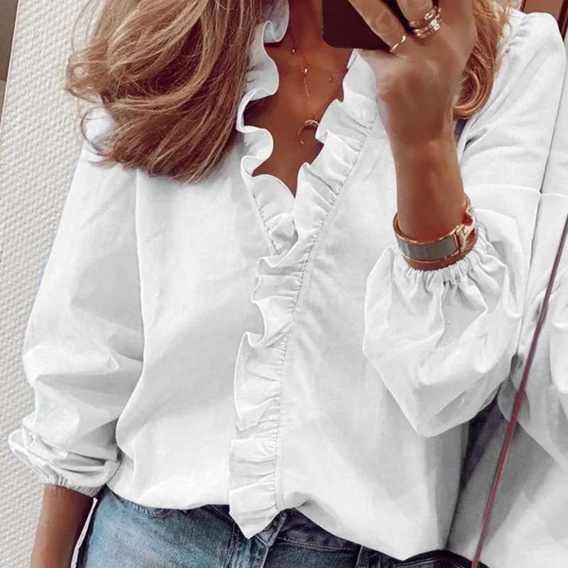 

Chiffon Shirt Loose Tops Women Pure Color Layer Flounce V-Neck Long Sleeve High Waist Pullover Shirt Slim Blouses New