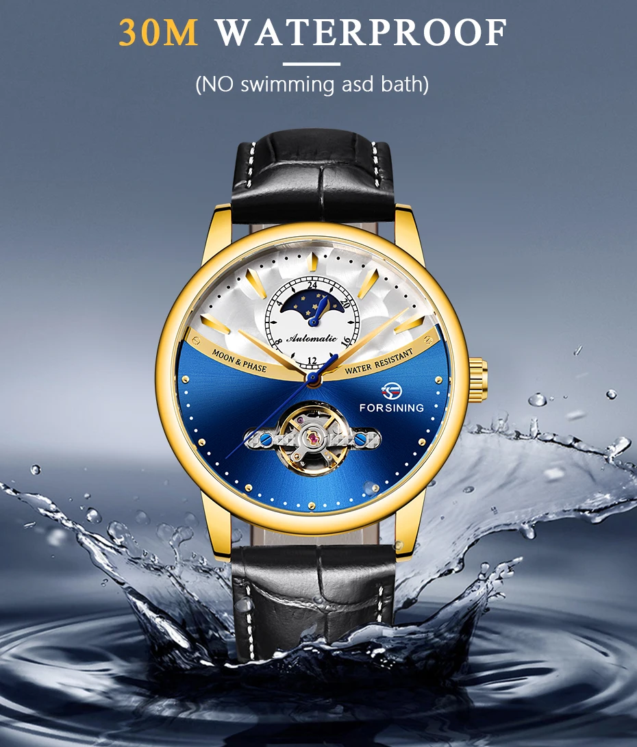 Forsining Tourbillon синие автоматические часы мужские классические Moonphase Дизайн Натуральная кожа Ремешок Водонепроницаемый Бизнес наручные часы подарок