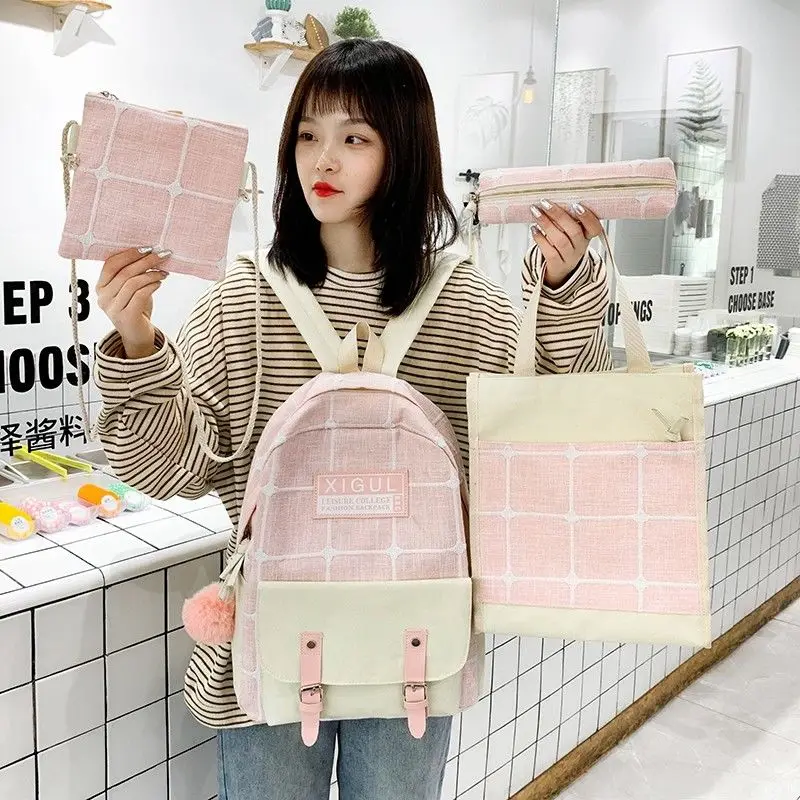 

4pcs/set Laptop Backpack,Canvas School Bag for Teenager,16 Inch Plaid Schoolbag