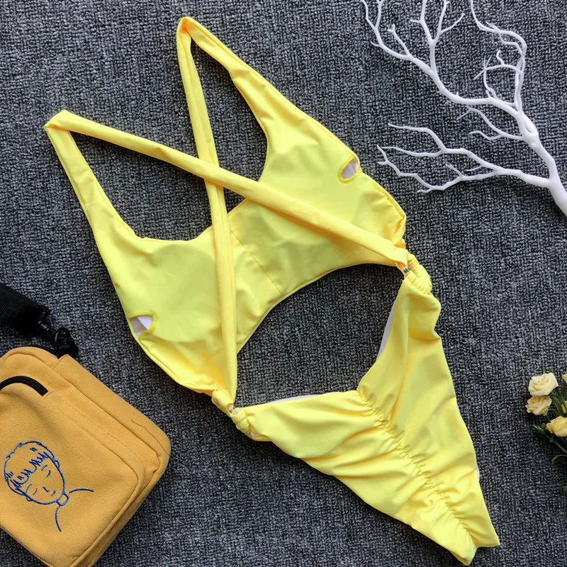 Sexy High Cut One Piece Swimsuit U Neck Neon Yellow Green Bathing Suits Monokini Backless Women Out Swimwear Traje De Bano |