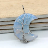 100 unique 1 pcs silver plated wire wrap half moon opalite opal pendant tree of life jewelry