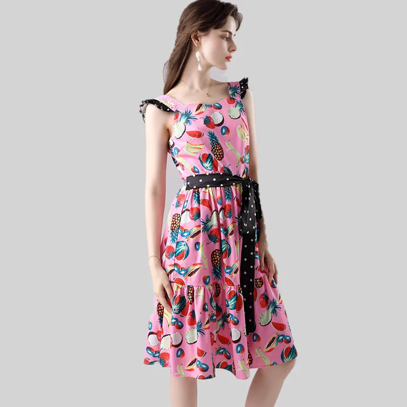 Платье женское летнее хлопковое с поясом в горошек милая майка принтом ананасов