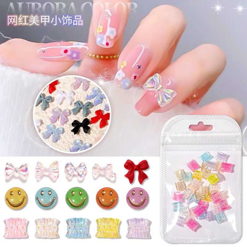 

30pcs/box bow ornaments mixed Aurora Symphony bear skirt smiley face nail ornament Zircon Rhinestones For Nail Tips Decorations