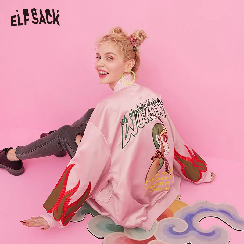 ELFSACK розовая Повседневная Сатиновая куртка с карманами и буквенным принтом
