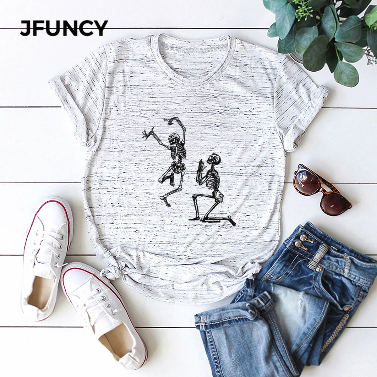 JFUNCY  Women Tops Skeleton Print Casual Woman Cotton T-shirt Summer Female Tee Shirt Oversize Short Sleeve Lady Tshirt