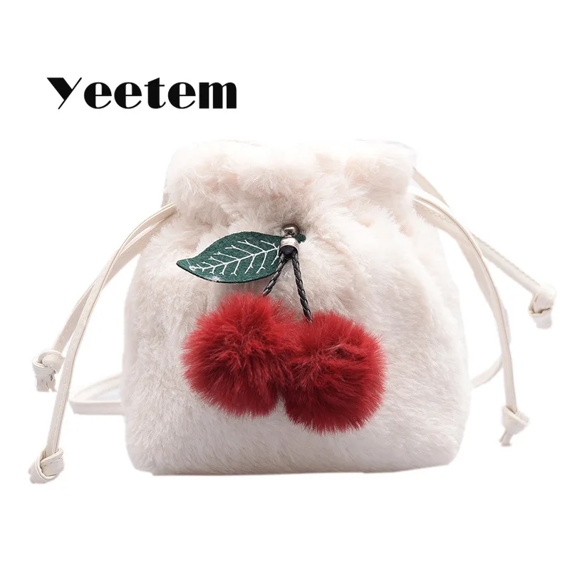 

Plush Cherry Bag Lovely Drawstring Bag Women'S Bag 2019 Winter New Soft Cute Bag Personality Plush Shoulder Drawstring Fruit Bag