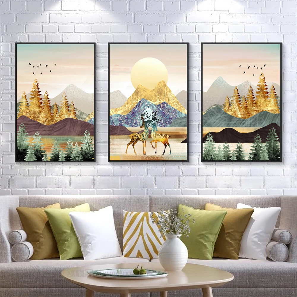Современные абстрактные золотые горы Дерево красочные олень художественные
