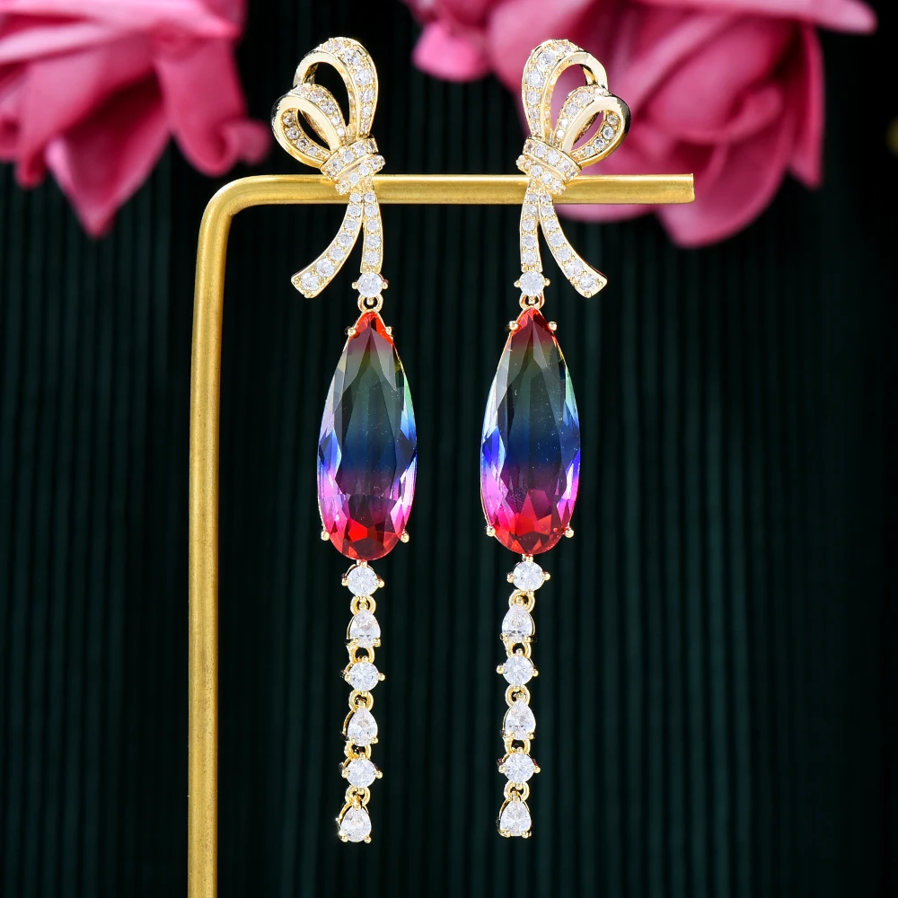 

Siscathy Elegant Luxury Zircon Bowkont Water Drop Earrings For Women Korean Fashion Long Crystal Pendant Earring Jewelry Female