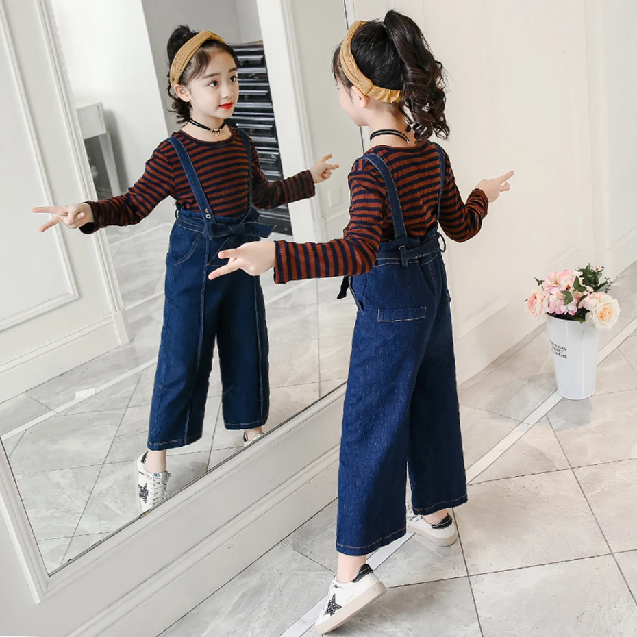 Одежда для подростков девочек детский комбинезон из джинсовой ткани и футболка 2