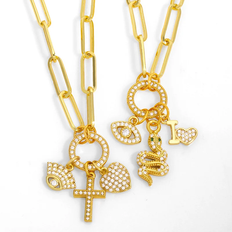 

FLOLA массивная цепочка с крестом сглаза ожерелье для женщин Стразы ожерелье с подвесками в форме сердца кубический цирконий Позолоченные ювелирные изделия nkeu64