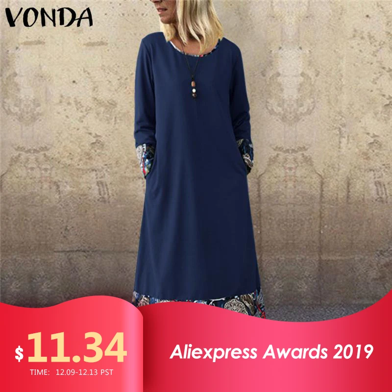 VONDA, женское длинное платье макси, повседневное, с длинным рукавом, в богемном стиле, с принтом, из кусков,, осеннее платье, вечерние платья размера плюс, женское платье