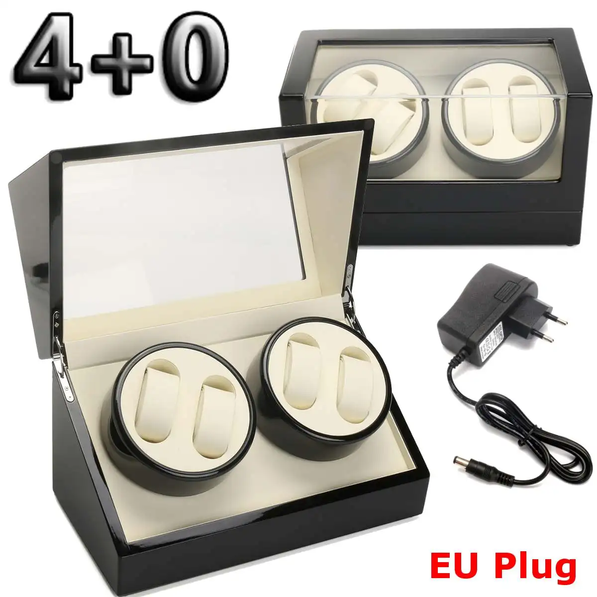 EU Plug White 4 слота часы намотки автоматические часы коробка дерево PU кожа тихий мотор Вращение 4 сетки наручные часы коробка для хранения с окошком - Цвет: EU Plug White
