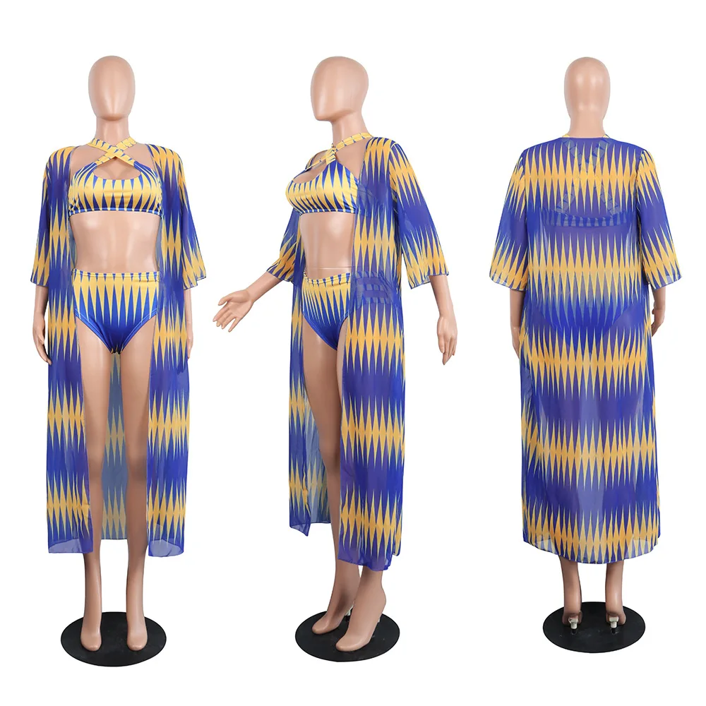 Women Sexy Summer Style Print Split Body Bathing Suit 3 Pcs Sets Swimsuit