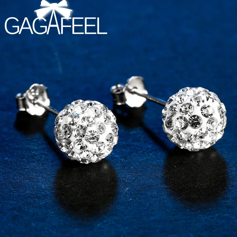GAGAFEEL 8MM 925 Sterling Silver Ball Earrings Ear Studs Full CZ Zircon Earrings for Women OL Style Jewelry Accessories
