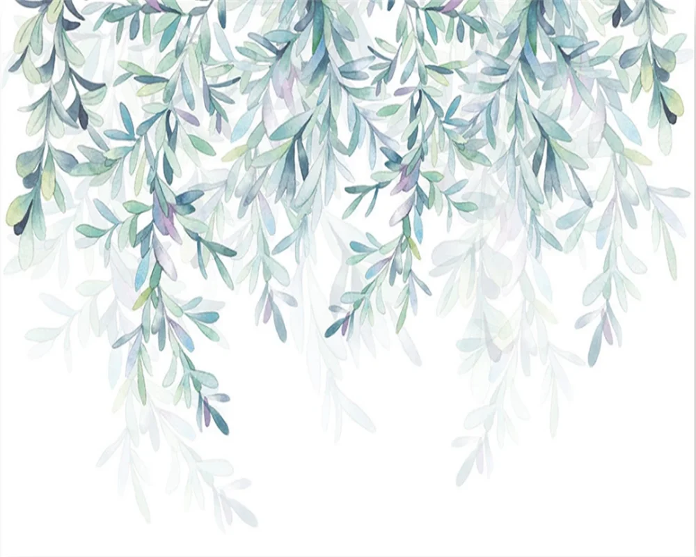 Custom wallpaper 3d mural small fresh hand painted watercolor green leaves Nordic minimalist TV background wall фотообои - купить по
