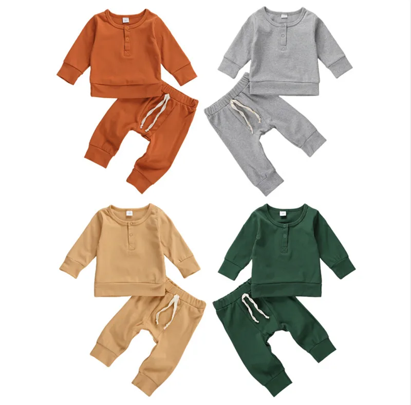

Осенние комплекты одежды для маленьких мальчиков и девочек, однотонный хлопковый футболка с длинным рукавом Топ + штаны, повседневные пижам...