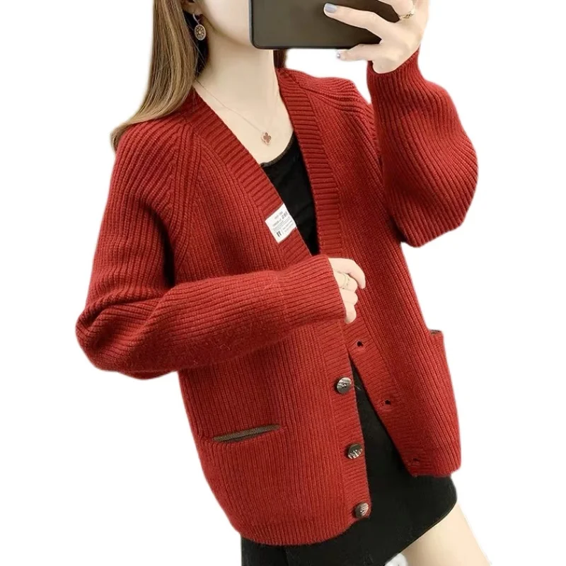 

Cardigan Coat Women's Knitted Short Spring and Autumn 2021 New Loose and Idle V-neck Retro Easy Matching Red Sweater Women