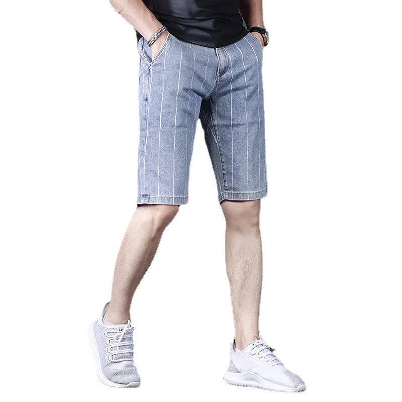 

Summer New Casual Men Shorts Fashion Blue Striped Knee Length Denim Shorts Beach Male Loose Short Jeans