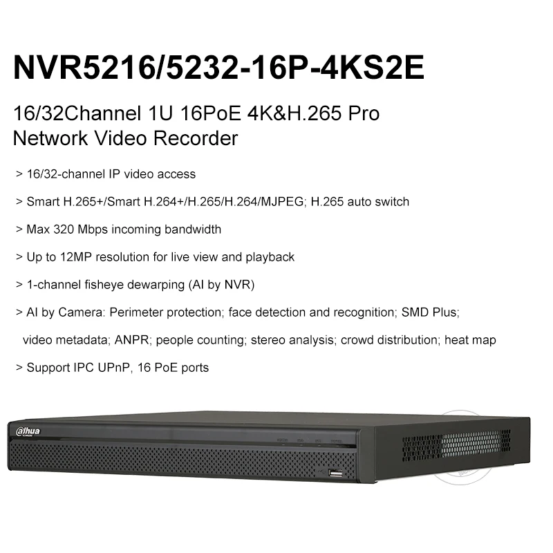 Dahua оригинальный NVR5216 16P 4KS2E NVR5232 16/32CH 16/32POE 12MP 1U 16PoE 4K H.265 + Ai сетевой видеорегистратор