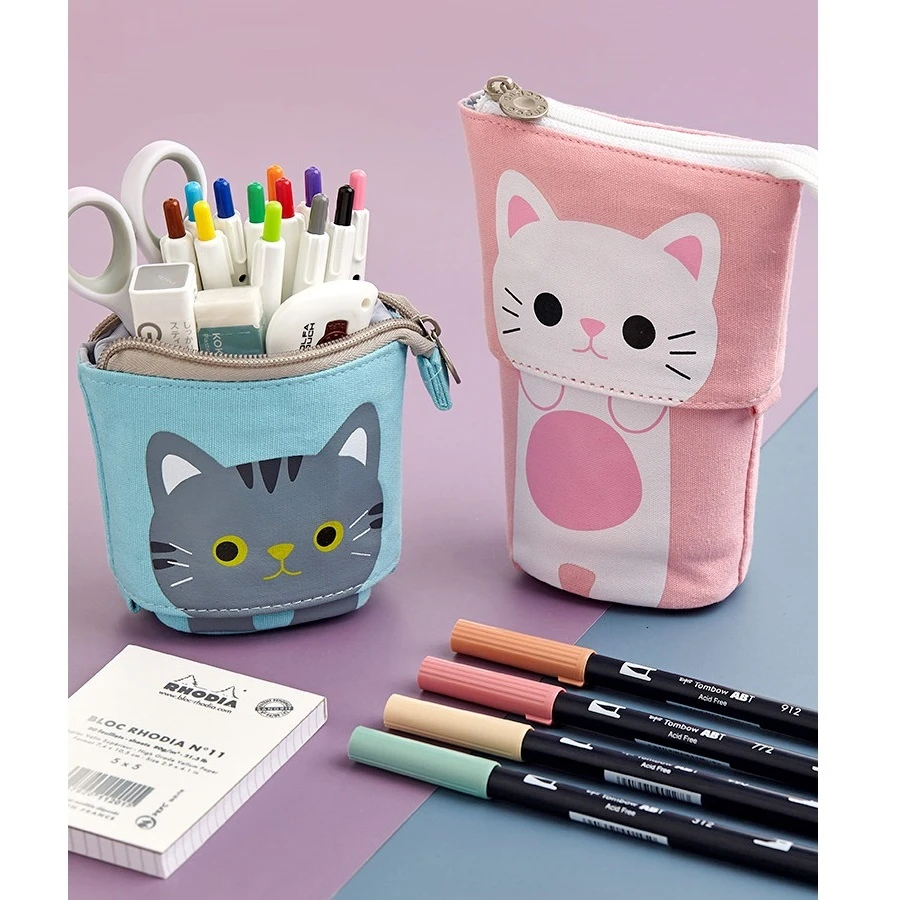 Cute Multifunctional Pen Pencil Bag Case Cartoon Cat Bear Sheep Canvas Fold Standing Holder Stationery Organizer Gift | Канцтовары для