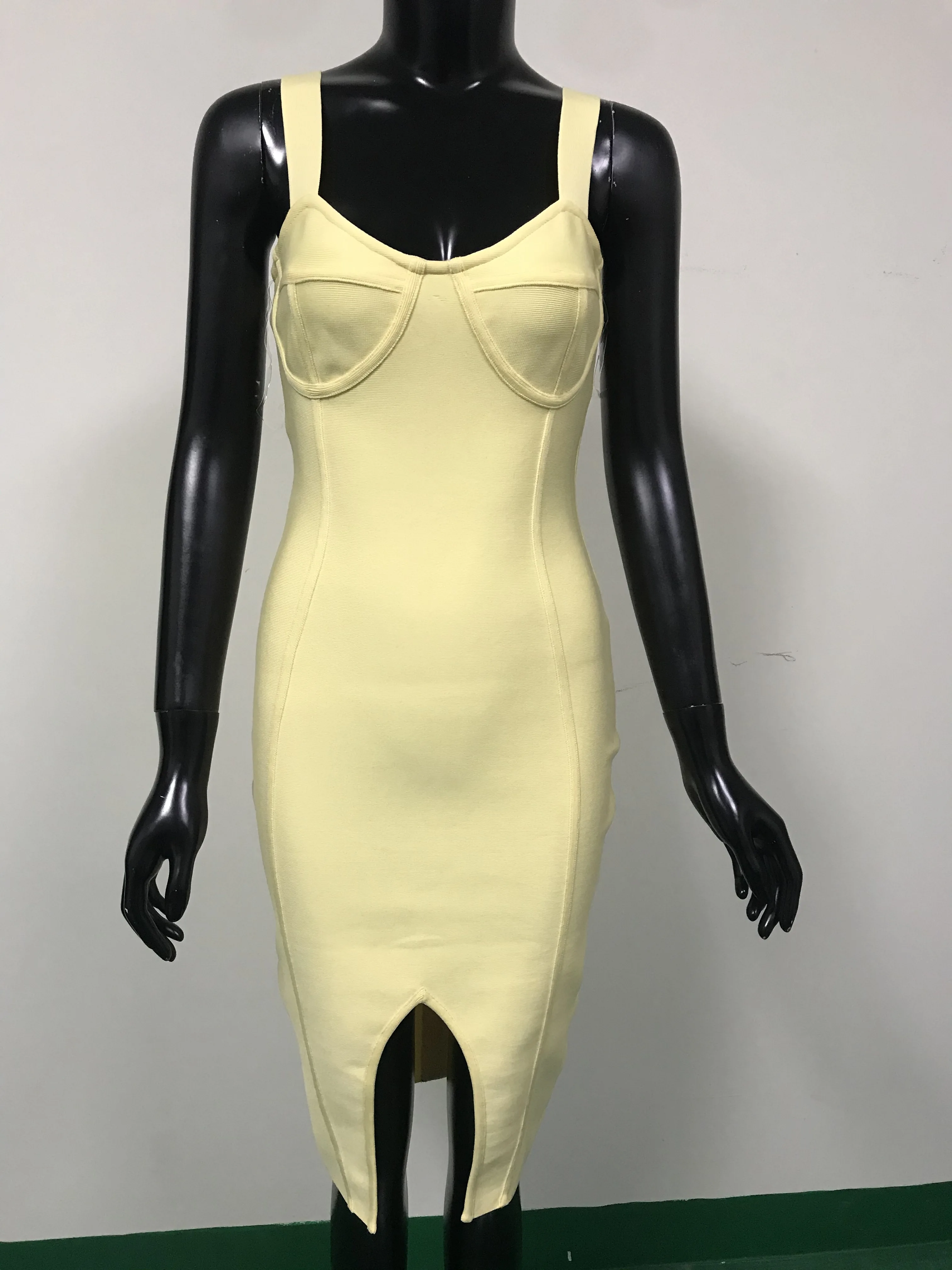 2021 Women Fashion Sexy Solid Yellow Bandage Dress Split Designer Knee Length Evening Party Vestido | Женская одежда