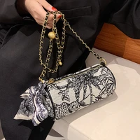 flower pattern cylindrical armpit crossbody bag with short beading belt for women 2021 chain shoulder handbags and purses