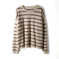 2021 autumn winter new pure wool knitting sweater women pullover striped color matching round neck loose casual bottoming shirt