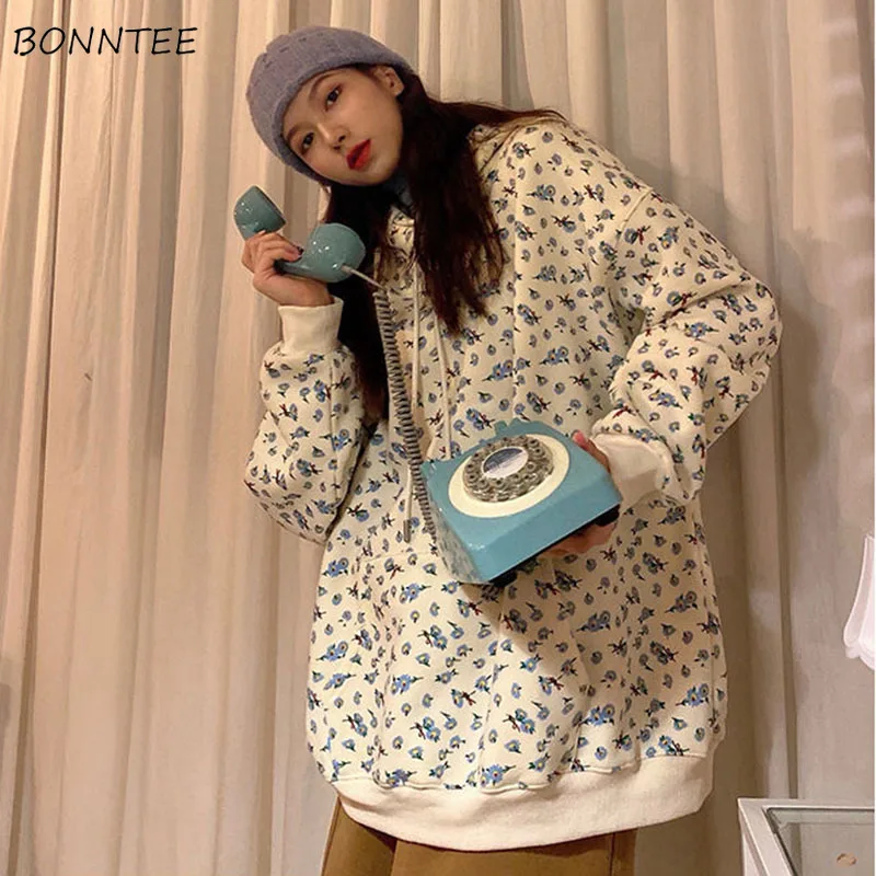 

Hoodies Women Floral Printed Hooded Oversize Thicken Loose Harajuku Vintage Pocket Casual Pullovers Elegant High Street Ins Tops