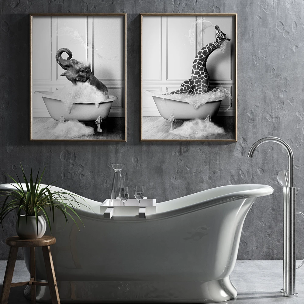 

Animal Black White Posters Wall Art Prints Elephant Zebra Penguins Giraffe Bathtub Canvas Painting Nordic Bathroom Home Decor