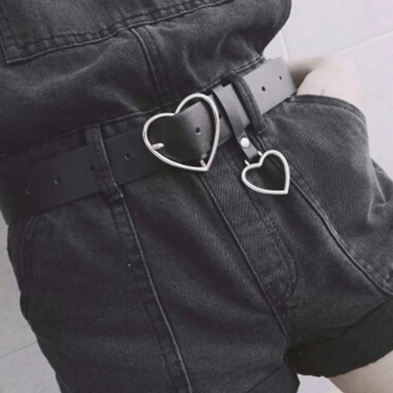

Heart belt girls cute silver metal fashion black leather belts for women jeans ladies harajuku accessories cinture femme dress
