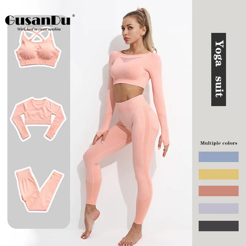 

3PCS Seamless Yoga Sets Women Sportswear Workout Gym Clothing Fitness Long Sleeve Crop Top High Waist Leggings Sports Suits