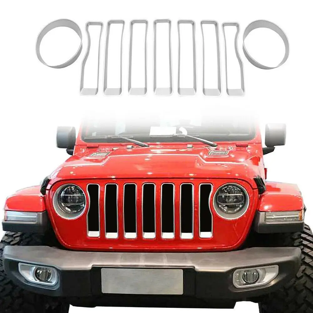 Подходит для 18 Jeep Wrangler JL передняя вставка гриля + облицовка передней фары серебряная крышка