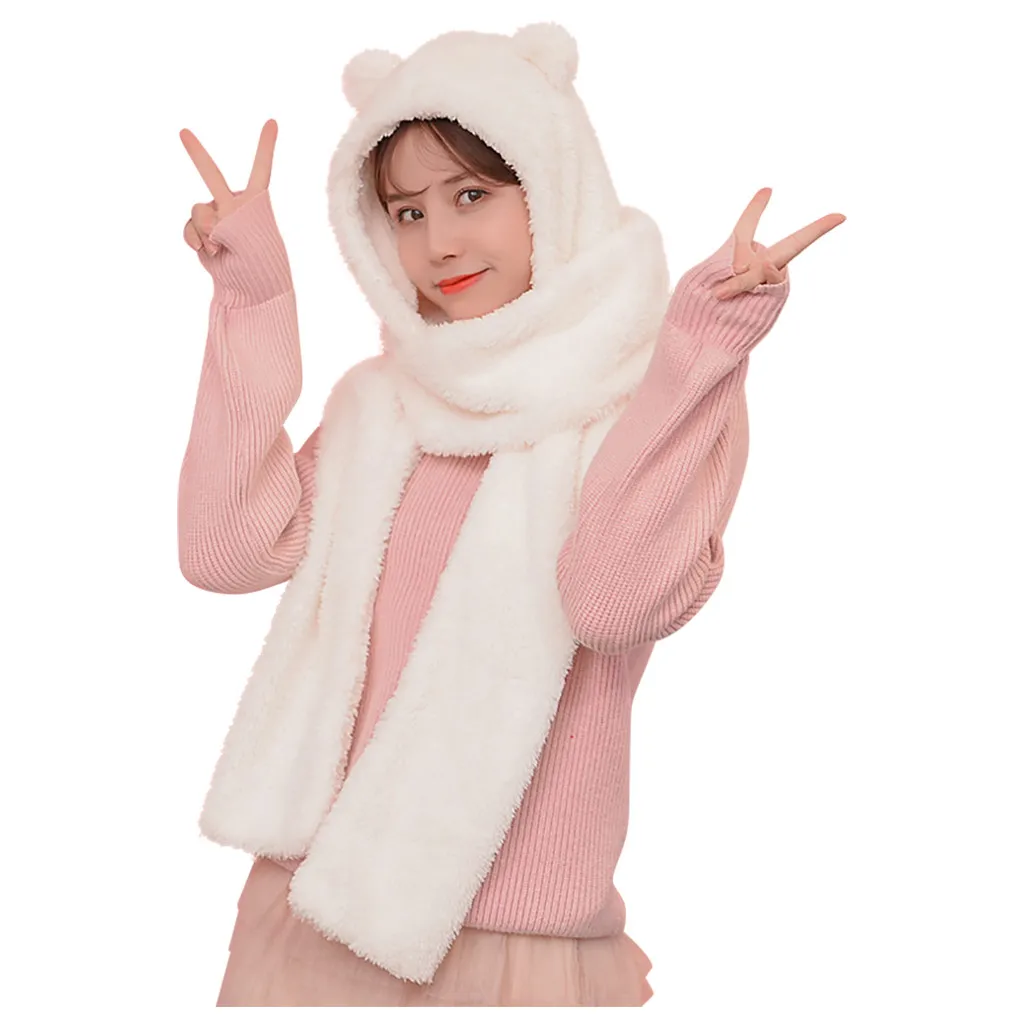 

Bear Ears Hat Scarf Cap Solid 2-piece Women Ear Protectors Knit Warm Solid Caps Set Winter Hat Woman Winter Plush Hat Scarf Set