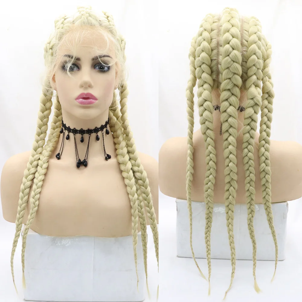613 Blonde 30 Inch Braided Synthetic Lace Front Wig For Women Ombre Color Black 4/5 Braids Cosplay Glueless Heat Resistan Hair