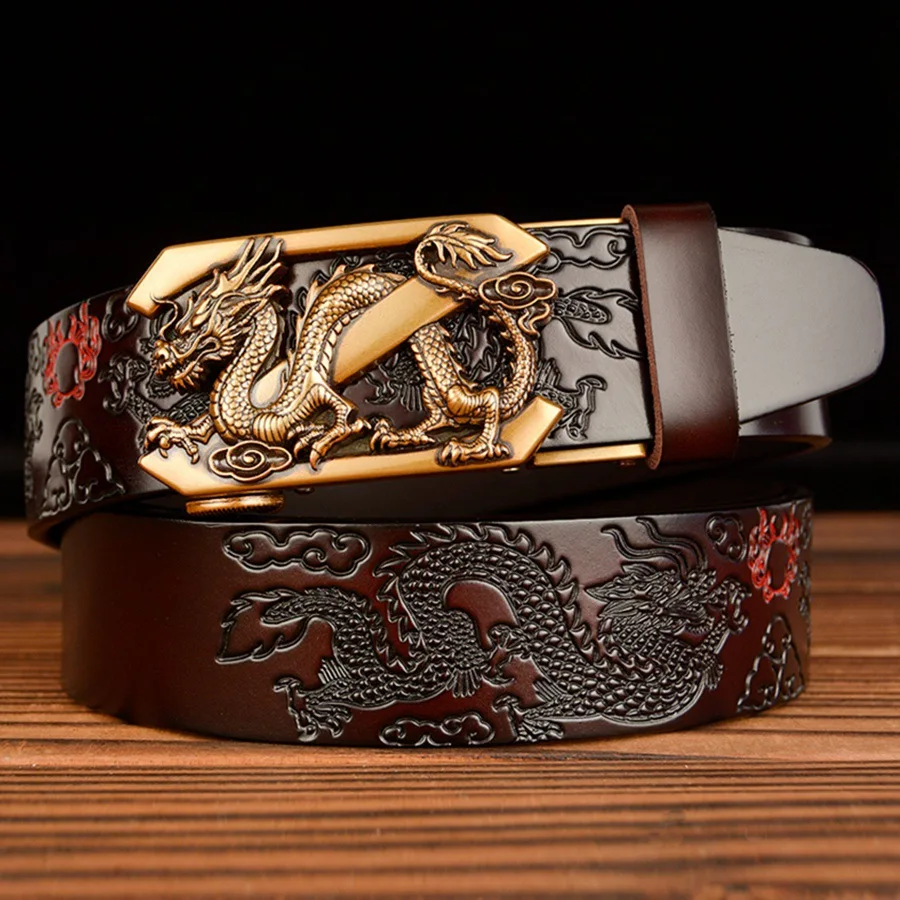 Automatic Buckle Men's Cowskin Belt Retro Z Dragon Stereo Carving Genuine Leather Ceinture Designer Luxury Brand V Cinturon 130