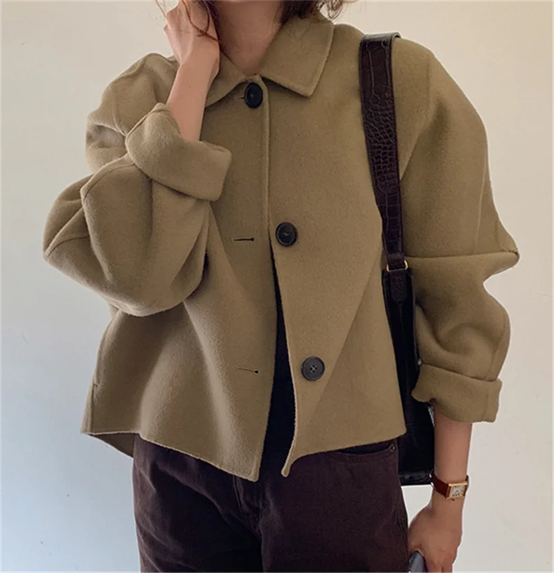 

Lazy Retro Autumn Winter Loose Lapel Long Sleeve Khaki Wool Coat Women Three Button Black Jacket Crop Fashion Top Casual Outwear