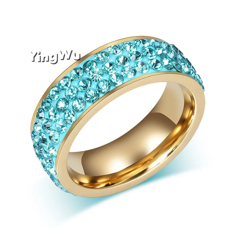 Yingwu Classic Wide Ring 3 Row Lines Stainless Steel Wedding for Women Gold Plated Blue Rhinestone Rings | Украшения и аксессуары