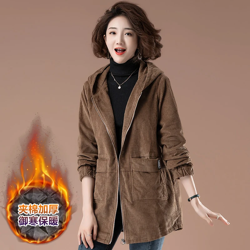 

Women Short Corduroy Coat Spring Auturmn New Korean Plus aize Hooded Jacket Female Casual Wild Patchwork Windbreaker Coat