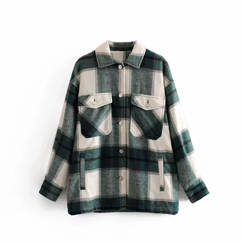 

2021 Autumn Winter Season Warm Ladies Casual Jacket Ladies Plaid Thick Coat Lapel Long-sleeved Shirt Loose Soft Woolen Jackets