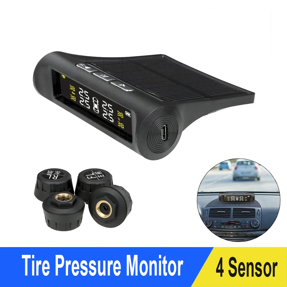

Автомобильная система контроля давления в шинах TPMS на солнечной энергии, ЖК-дисплей, сигнализация температуры безопасности, 4 внешних датчи...