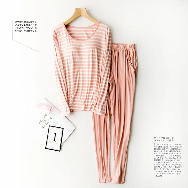 

Modal nv dai Chest Pad Long Sleeve Pajamas Suit Bra-t One-piece Hole-Bra Half Sleeve Stripes Loose-Fit Home Wear