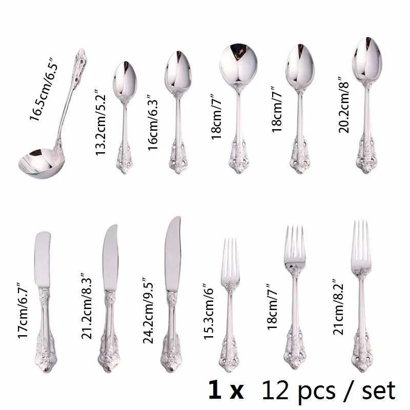 Silver Cutlery 12 шт. Ретро прибор из нержавеющей стали роскошный золотой набор посуды свадебный фестиваль Рождественская вечеринка посуда набор ложек и вилок - Цвет: Silver Cutlery
