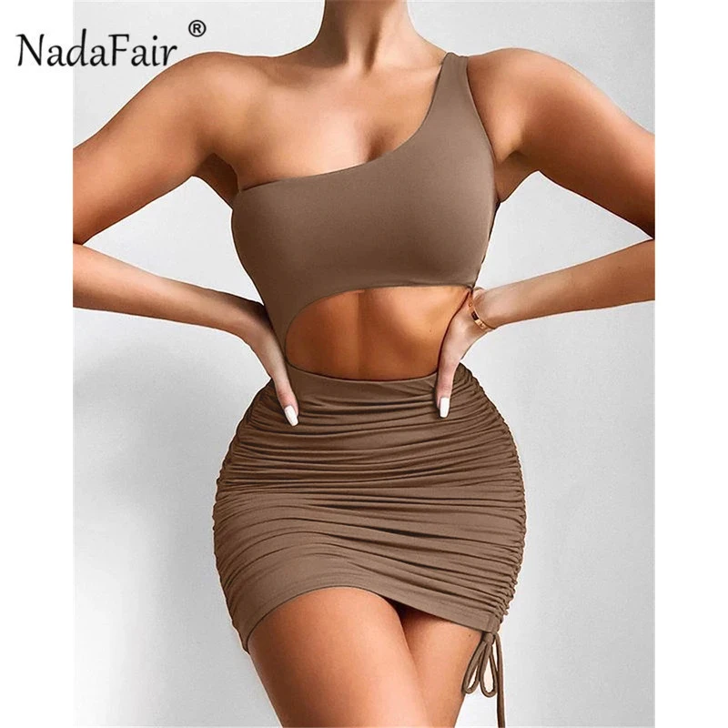 

Nadafair Cut Out Sexy Mini Party Summer Dress Club Outfit Ruched One Shoulder Sheath Bandage 2021 Short Brown Bodycon Dress