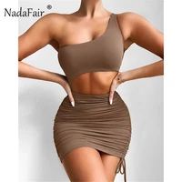 nadafair cut out sexy mini party summer dress club outfit ruched one shoulder sheath bandage 2021 short brown bodycon dress