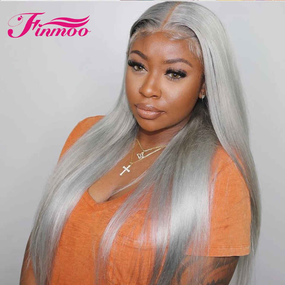 Grey Human Hair Wigs Ombre Colored Silver Lace Front Wig Transparent Straight Brazilian For Black Women Closure | Шиньоны и парики