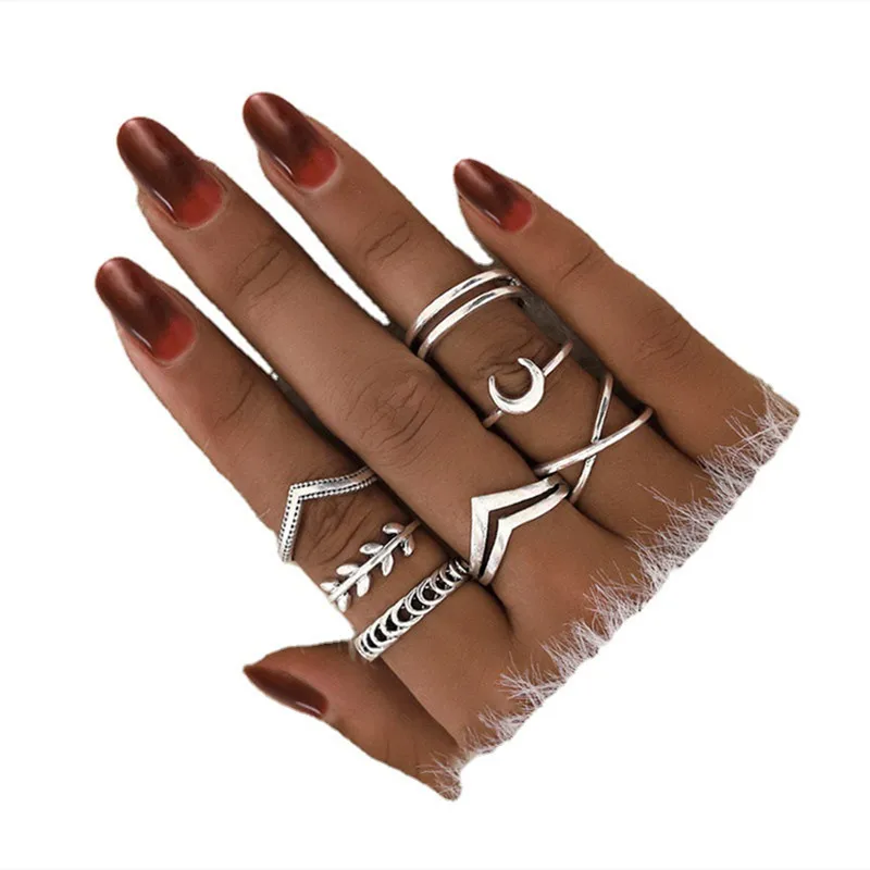 

Boho Vintage Rings Set For Women Gold Silver Color Crystal Star Crescent Geometric Knuckle Finger Rings Trendy Jewelry Accessory