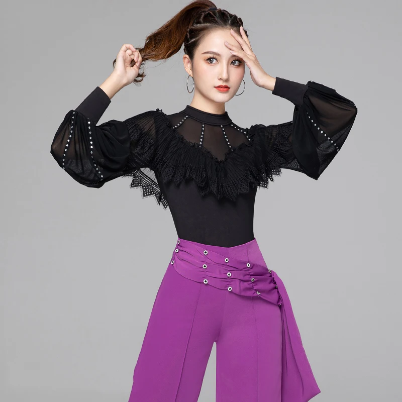 

Latin Dance Tops Professional Modern Ballroom Dance Practice Jumpsuit Long Sleeve Gauze Black/Red Tops Samba Clothing